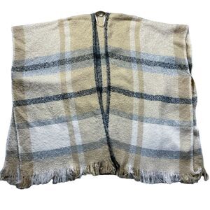 Ann Taylor Loft Womens Sweater sz L Multi Plaid Soft Knit Poncho Wrap Open Front